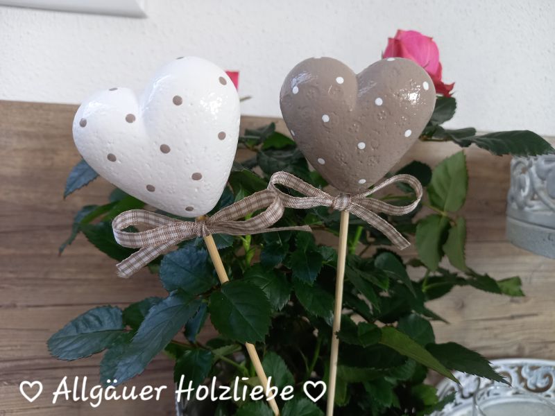 2 kleine Pflanzstecker * HERZ * 5,2 x 5 cm * Beige-Weiß * Shabby Landhaus